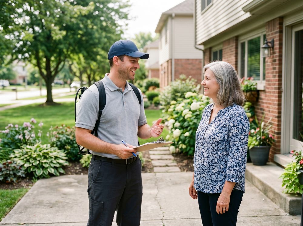 Barricade Pest Control technician meeting a homeowner