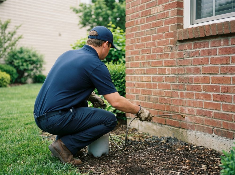 Barricade Pest Control technician treating a home's foundation perimeter