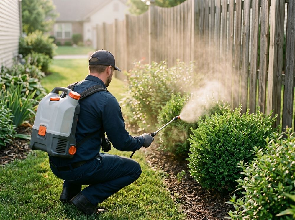 Technician applying a mosquito yard treatment with a backpack mist blower