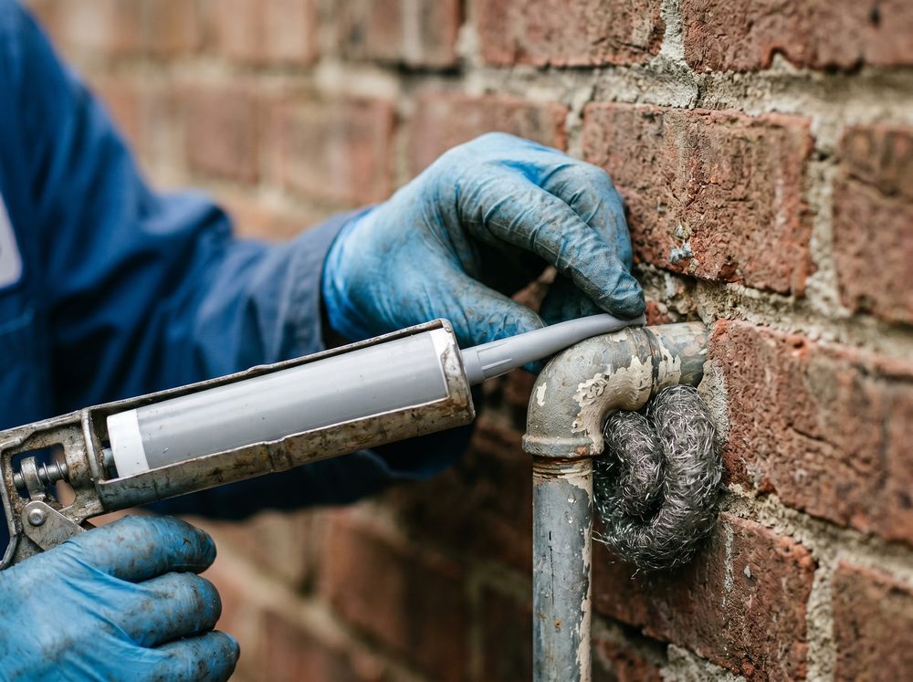 Sealing a rodent entry point with caulk and steel wool